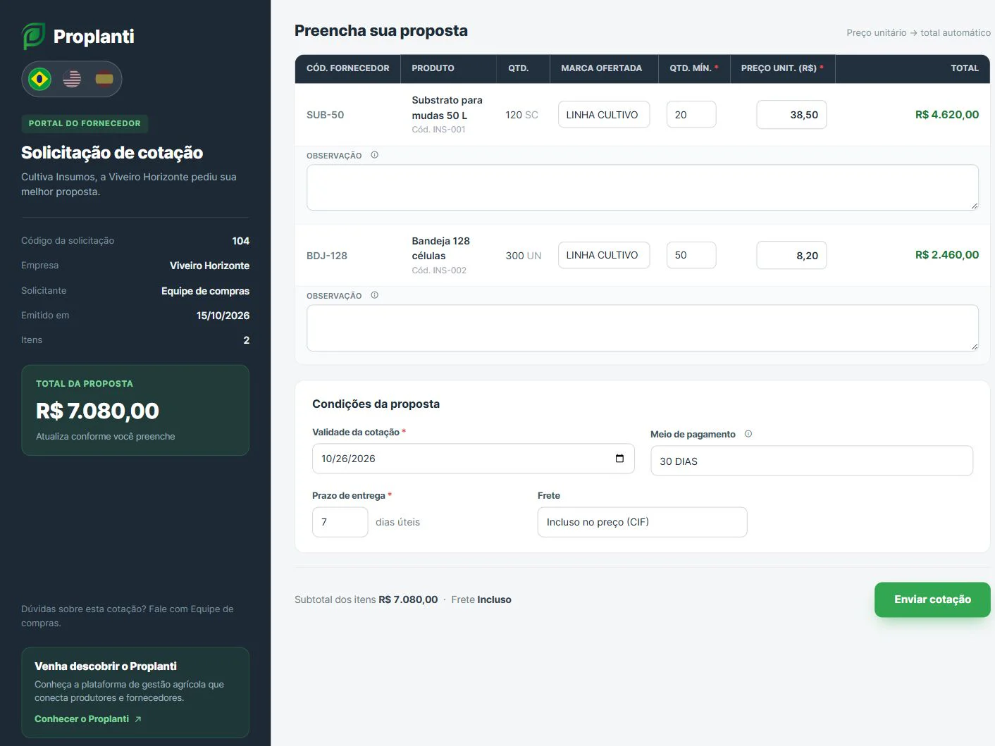 Tela real de cotação do Proplanti, com itens, preços e condições preenchidos com dados fictícios.
