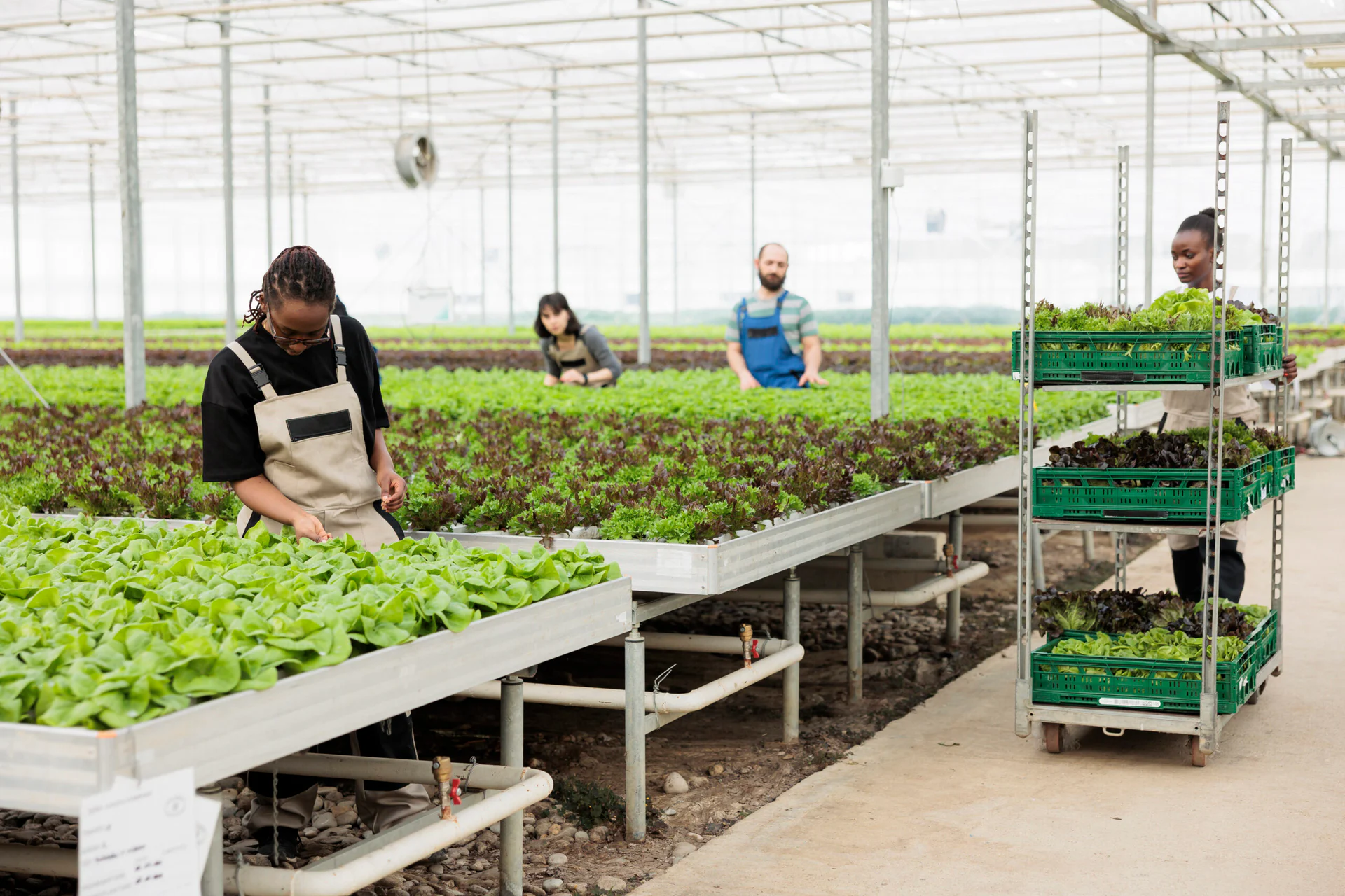Equipe trabalhando no cultivo de hortaliças em bancadas dentro de uma estufa