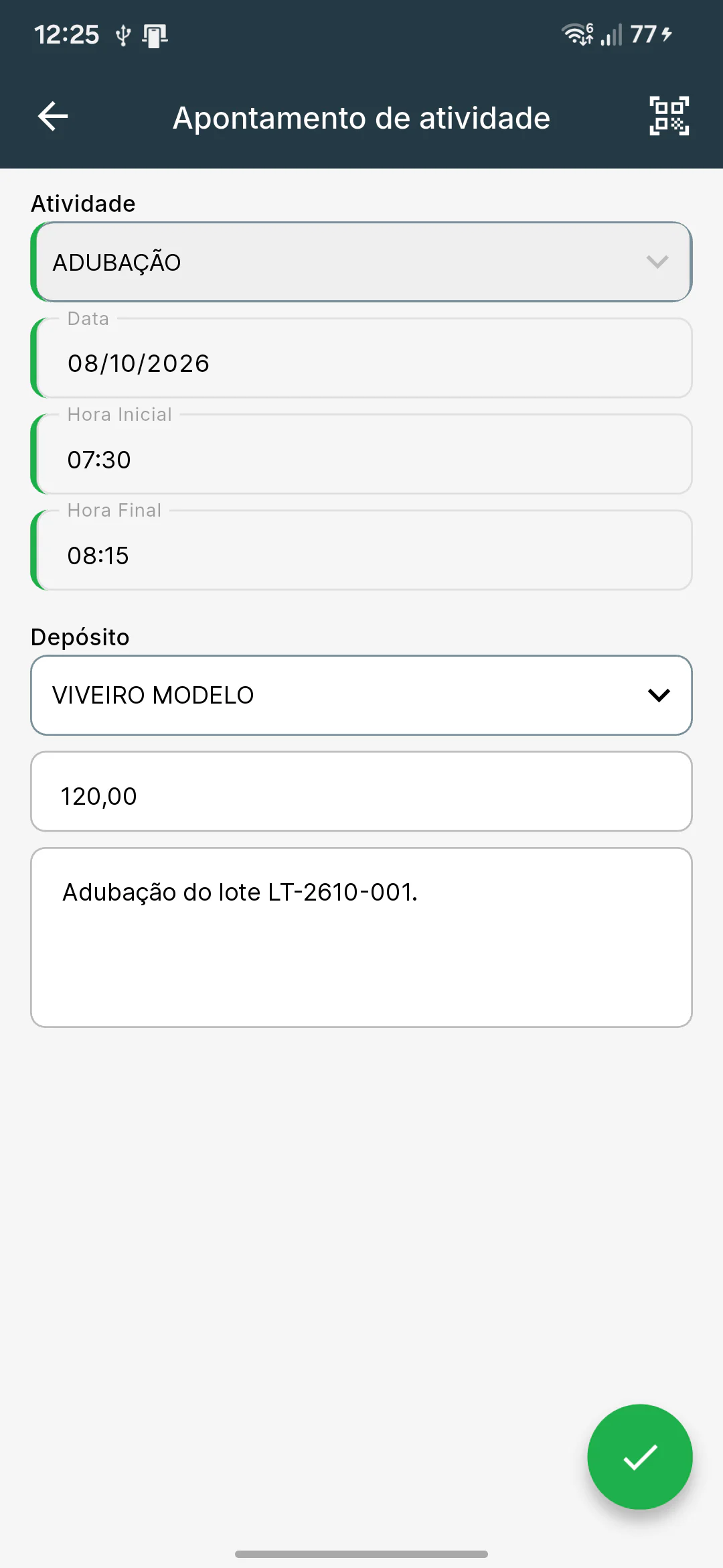 Apontamento de atividade no aplicativo Proplanti para Android