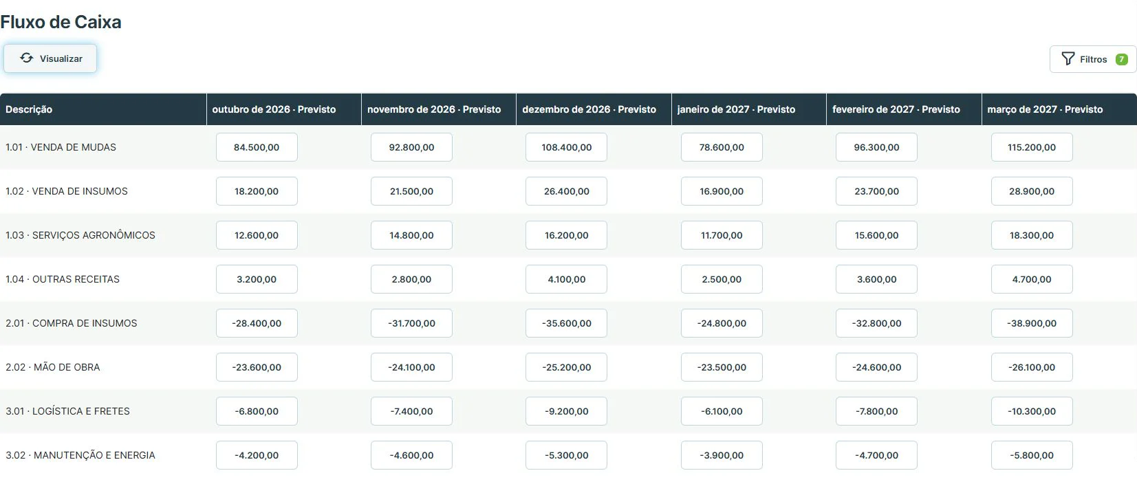 Fluxo de caixa no Proplanti, com valores previstos por período e plano de contas