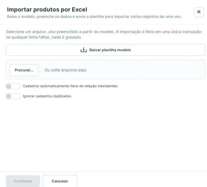 Tela real de importação Excel do Proplanti, com download do modelo, seleção de arquivo e opções de importação.